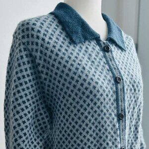 Vintage San Francisco Duck-Egg & Petrol Blue Pure Shetland Wool Cardigan - US L